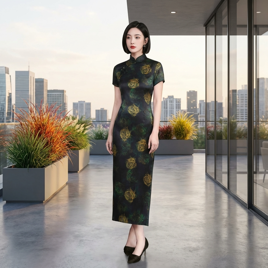 Black Mulberry Silk Gold Rose Printing Short Sleeve Qipao Dress | LUXE ORIENTA 