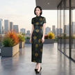 Black Mulberry Silk Gold Rose Printing Short Sleeve Qipao Dress | LUXE ORIENTA 