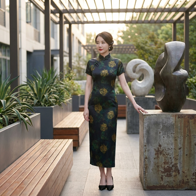 Model in the  Mulberry Silk Xiangyunsha Black Gold Rose Short Sleeve Qipao Dress Front View | LUXE ORIENTA 