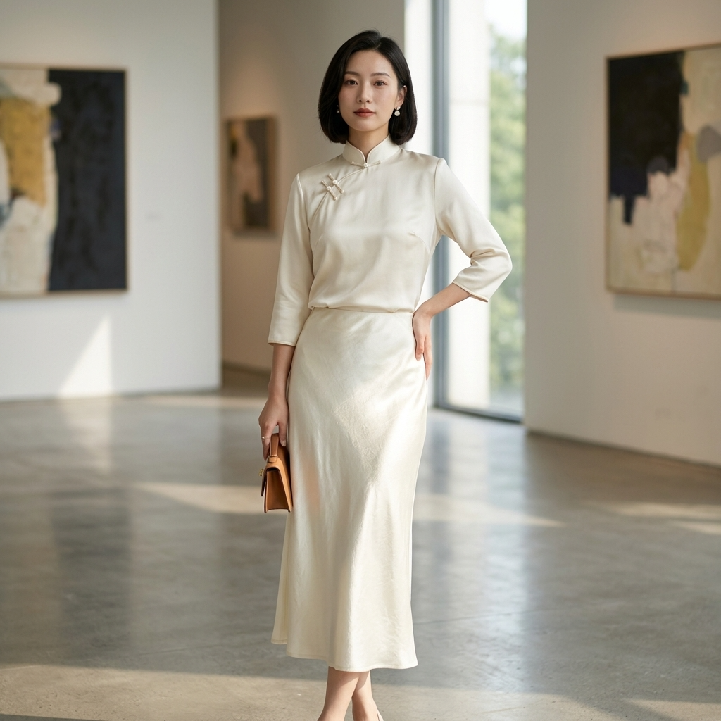 Model wearing White Acetate Midi Skirt from Luxe Orienta