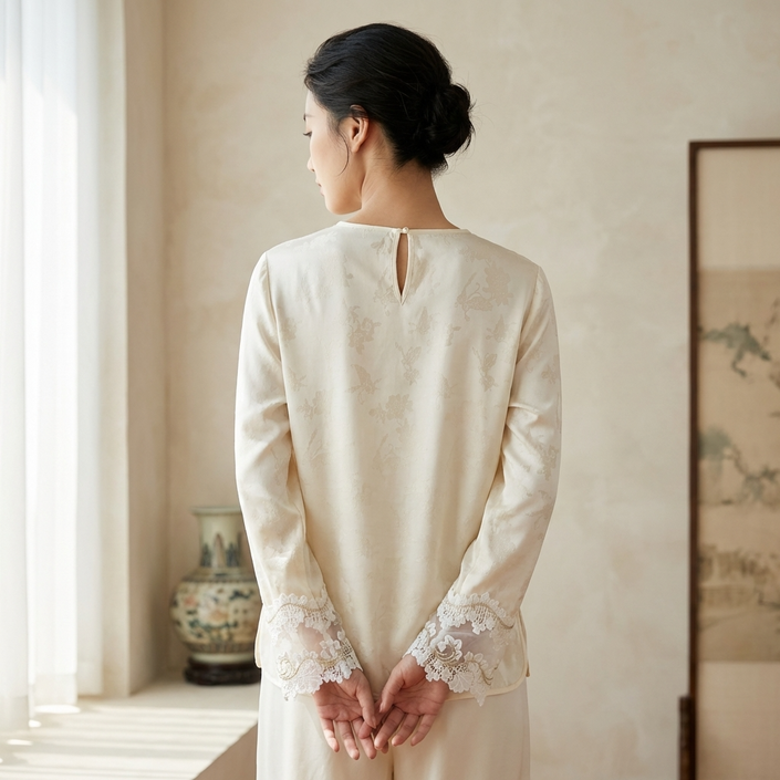Woman wearing a cream-colored lace-trimmed tencel blouse back view