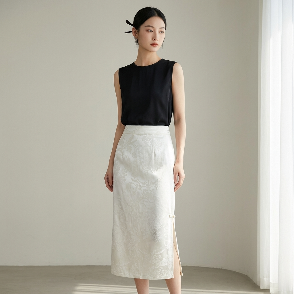 Woman wearing a black sleeveless top matching the white jacquard  skirt against a neutral background