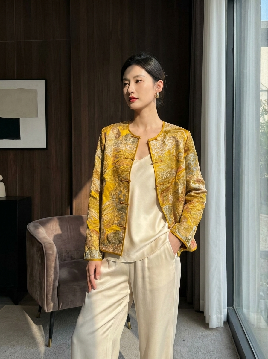 Yellow Phoenix Brocade Silk Jacket | Modern Chinese Style - Luxe Orienta CO., LIMITED
