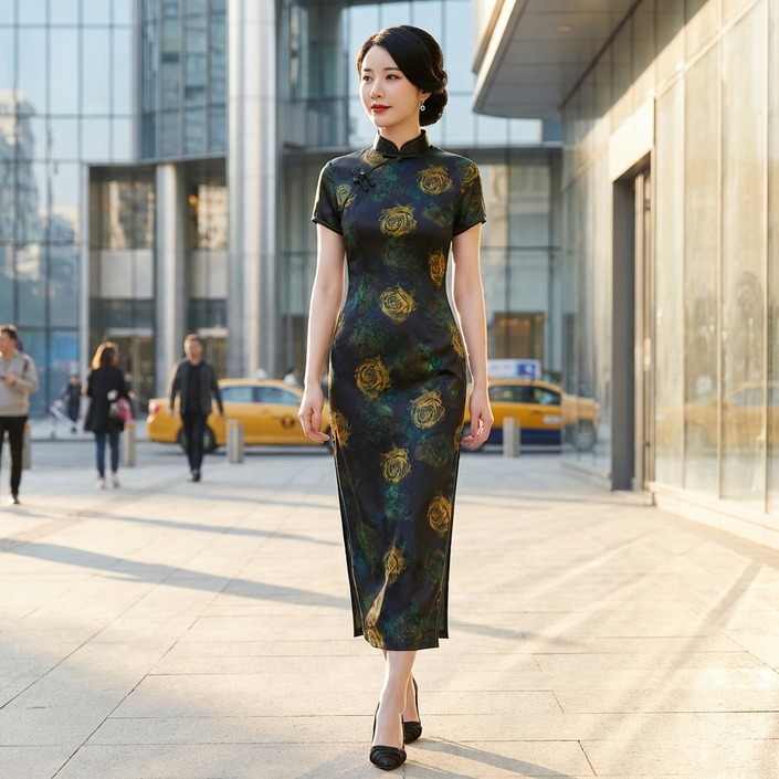 100% Mulberry Silk Xiangyunsha Black Gold Rose Short Sleeve Qipao Dress | LUXE ORIENTA