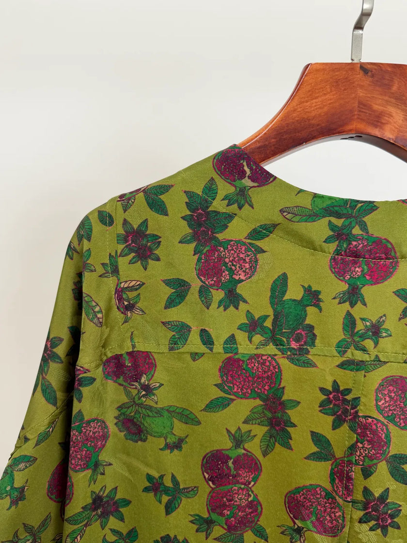 Green Xiangyunsha Silk Cardigan with Pomegranate Printing Fabric Close-up-Luxe Orienta