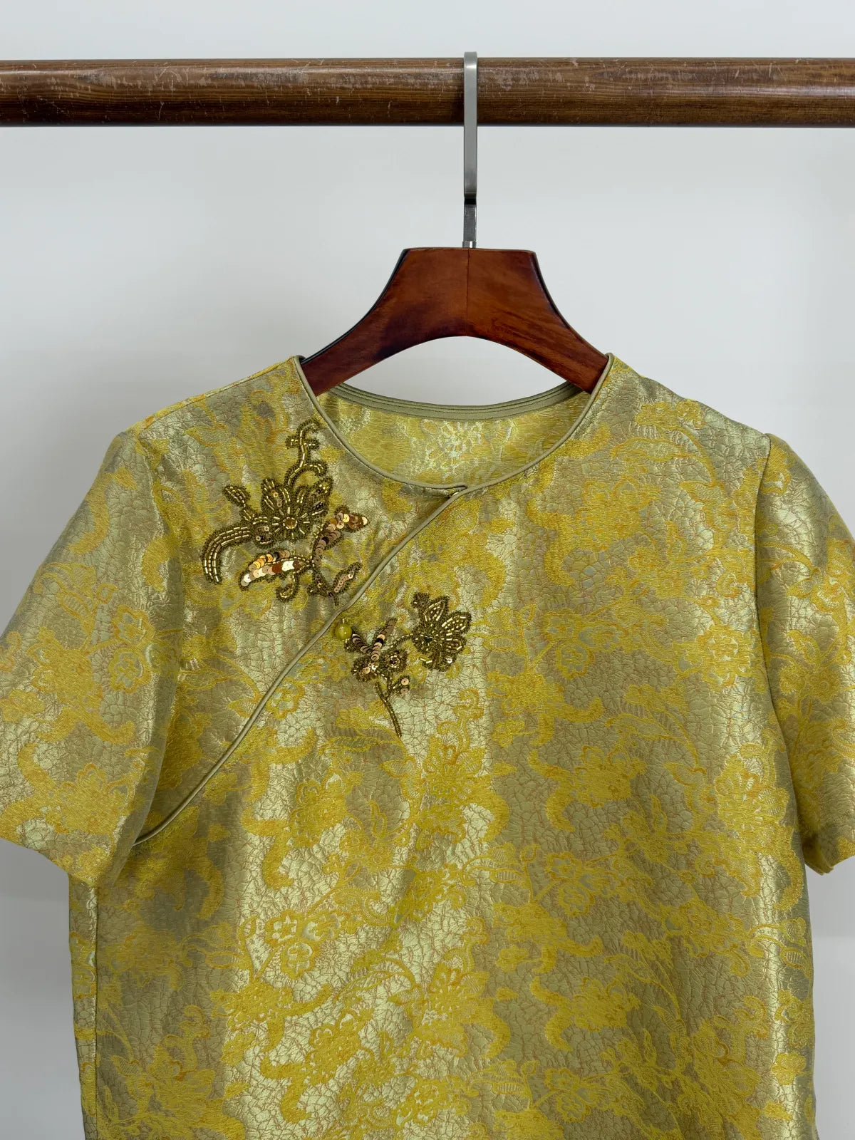 Yellow Acetate Jacquard Embroidered Chinese Blouse Beading Embroidered Detail | Luxe Orienta